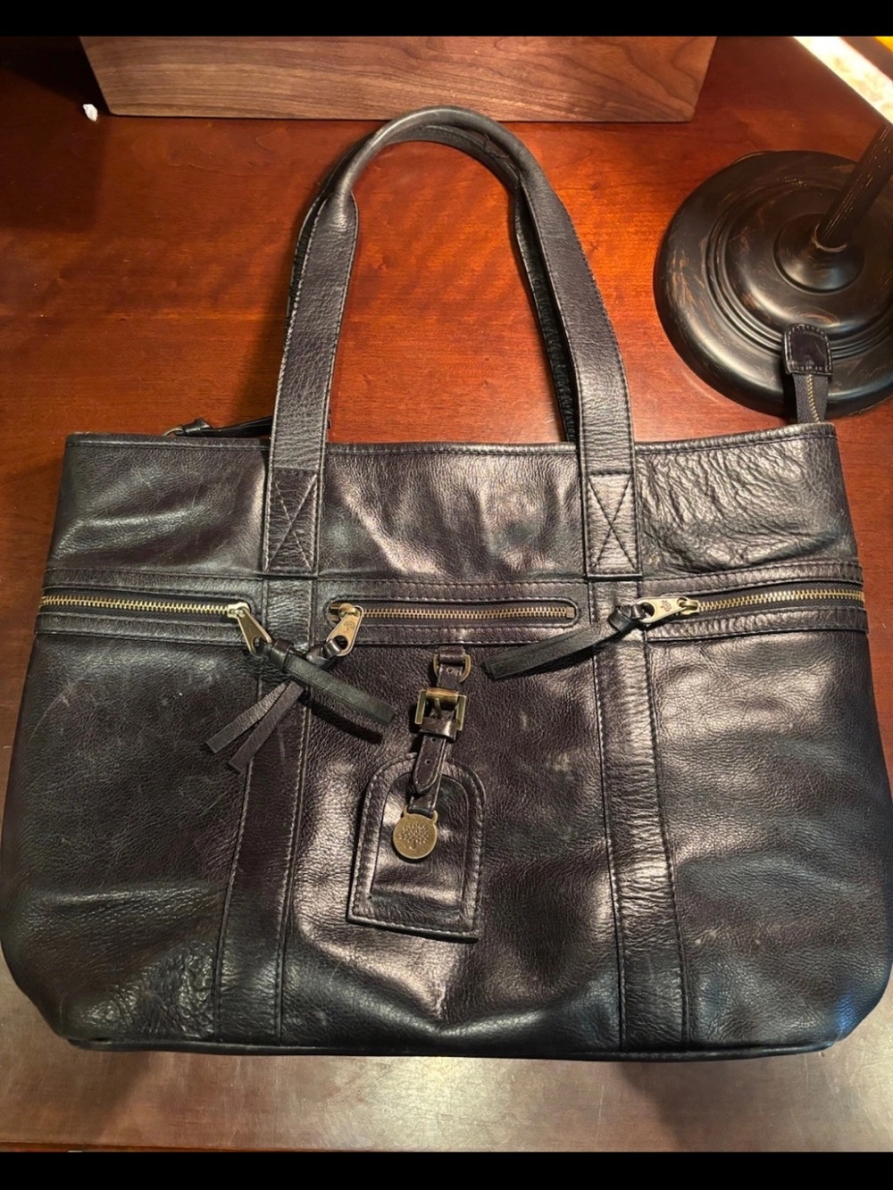 Mulberry Black Leather Tote with Front Zips and Buckle Charm